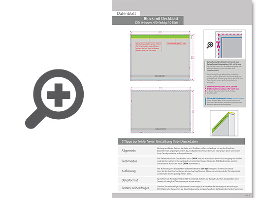 Product Bild block_mit_leimbindung_und_deckblatt__din_a4_quer__10_blatt__5_0_farbig_einseitig_bedruckt_(cmyk_4-farbig_+_1_sonderfarbe_hks_oder_pantone)